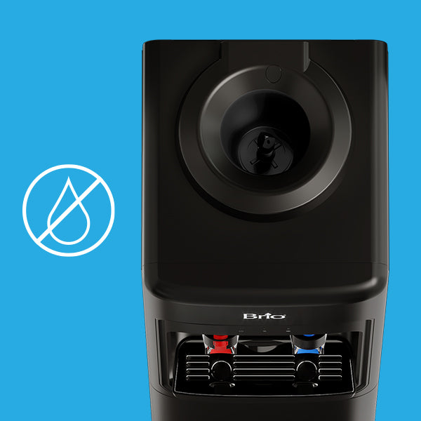 A black Brio water dispenser against a blue background with a white no-water icon on the left side.